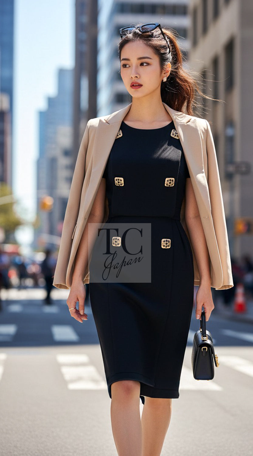 CHANEL Dress 11PF Black Wool Gripox Jewel Buttons 34 | TW