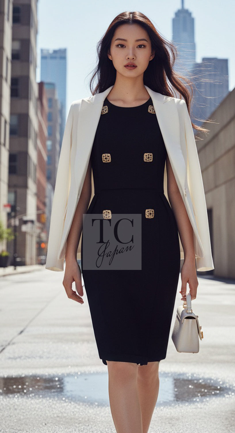 CHANEL Dress 11PF Black Wool Gripox Jewel Buttons 34 | TW