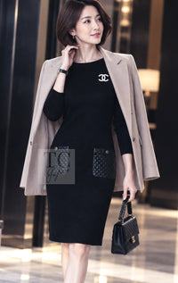 CHANEL Dress 12A Black Wool Cashmere Lambskin Pocket Leather 36 | UK