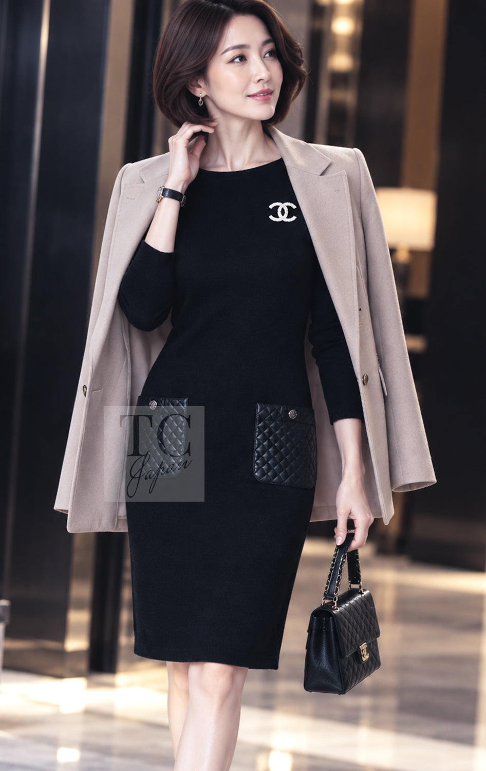 CHANEL Dress 12A Black Wool Cashmere Lambskin Pocket Leather 36 | UK