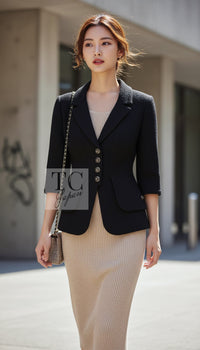 CHANEL Jacket 07S Black CC Logo Button Wool Silk Tweed 34 36 | TW