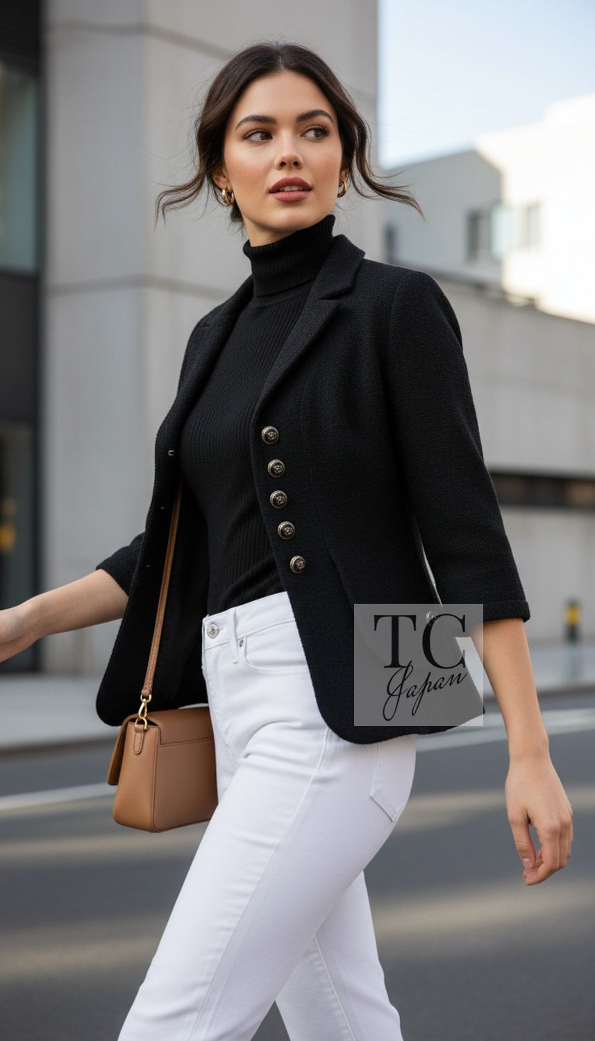 CHANEL Jacket 07S Black CC Logo Button Wool Silk Tweed 34 36 | TW