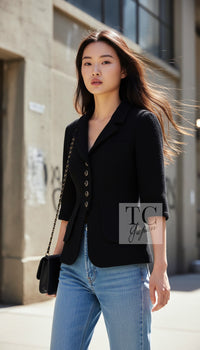 CHANEL Jacket 07S Black CC Logo Button Wool Silk Tweed 34 36 | TW