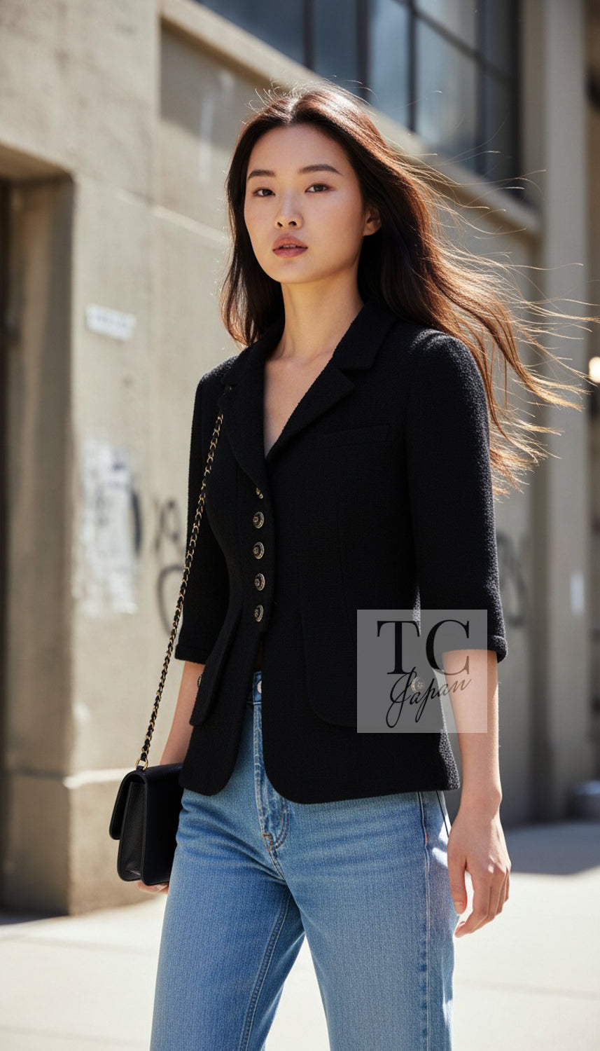 CHANEL Jacket 07S Black CC Logo Button Wool Silk Tweed 34 36 | TW