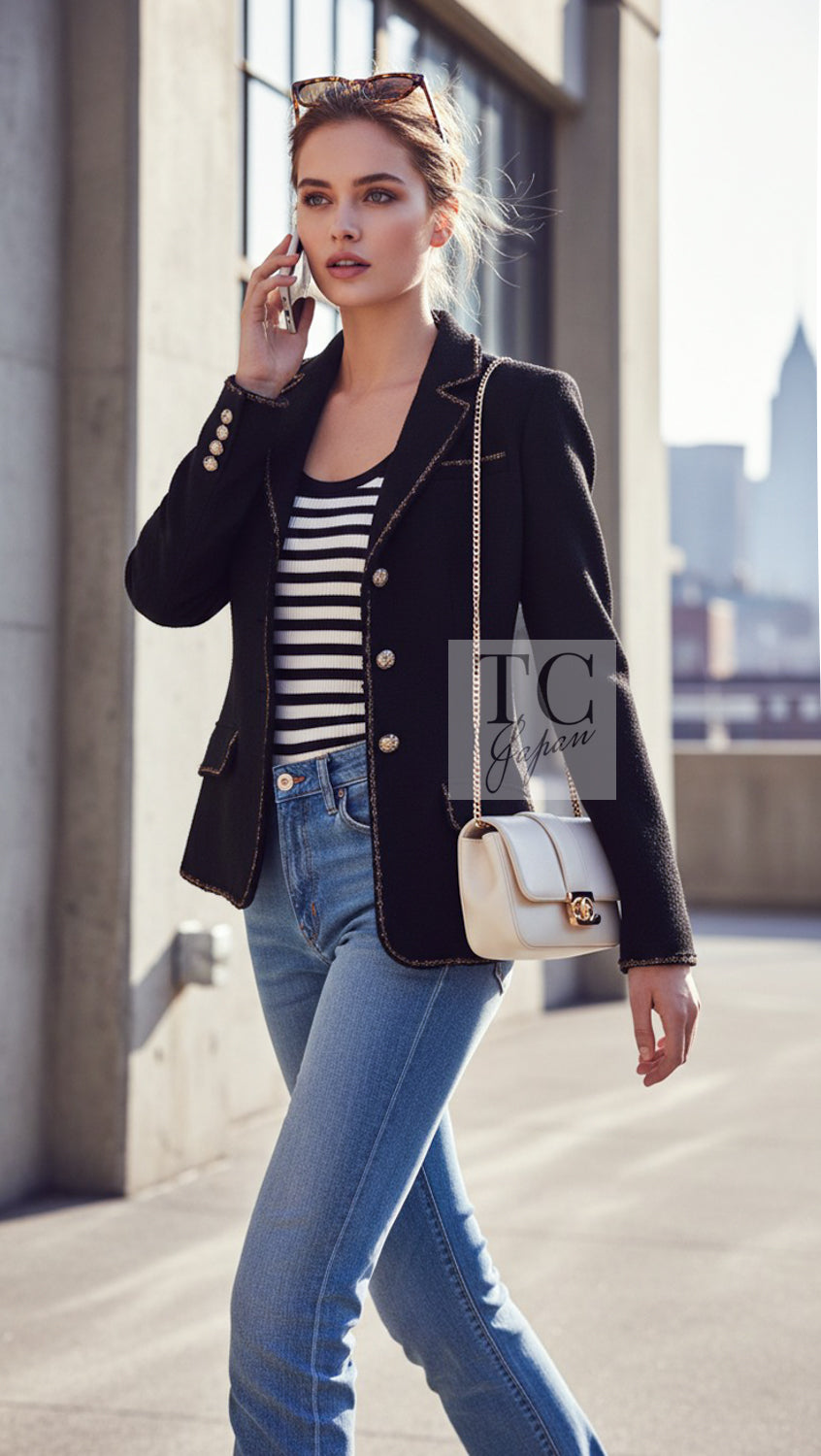 CHANEL Jacket 10C Black Gold Line Trim Wool 34 | TW