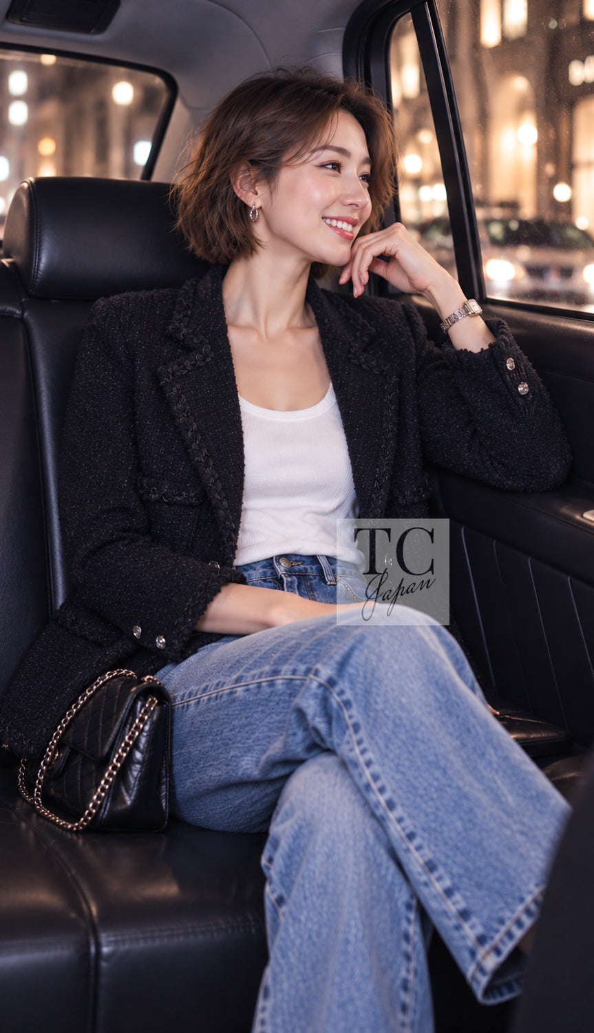 シャネル ジャケット CHANEL 11C ブラック ツイード ウール 襟 ココ ボタン リトル 38