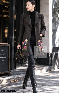 CHANEL 97A Vintage Brown Bird Flower Zipper Wool Tweed Coat 34 | HK