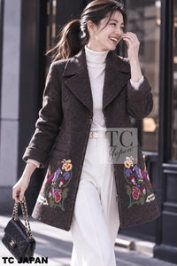 CHANEL 97A Vintage Brown Bird Flower Zipper Wool Tweed Coat 34 | HK