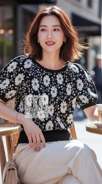 CHANEL Sweater Tops 14C Black Ivory Camellia Flower Knit 38 | TW