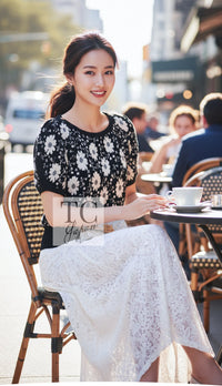 CHANEL Sweater Tops 14C Black Ivory Camellia Flower Knit 38 | TW