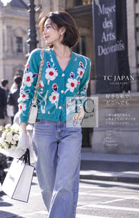 CHANEL Cardigan 15C Green Turquoise Flower Cashmere Knit 36 | INT