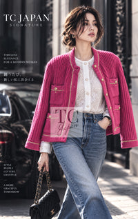 シャネル カーディガン ジャケット CHANEL 22PA ピンク ニット CC ロゴ ボタン チェーン トリム ココ チェーントリム 34 36 38