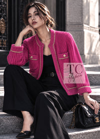 シャネル カーディガン ジャケット CHANEL 22PA ピンク ニット CC ロゴ ボタン チェーン トリム ココ チェーントリム 34 36 38