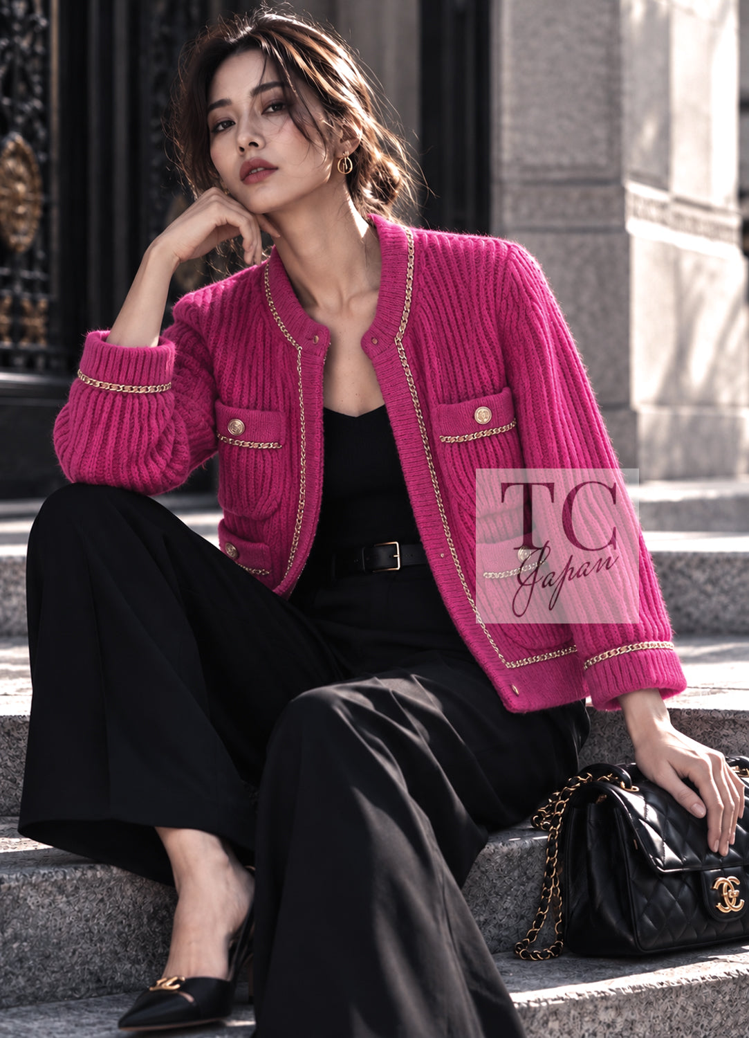シャネル カーディガン ジャケット CHANEL 22PA ピンク ニット CC ロゴ ボタン チェーン トリム ココ チェーントリム 34 36 38