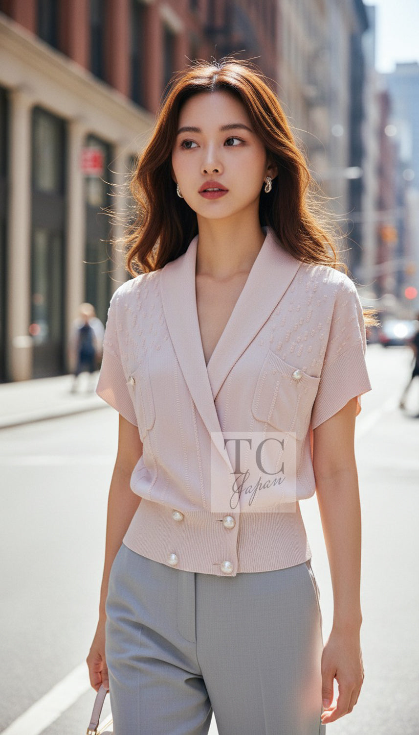 シャネル カーディガン CHANEL 12S ピンク CC ロゴ ボタン ニット パール ベビー ココマーク 36