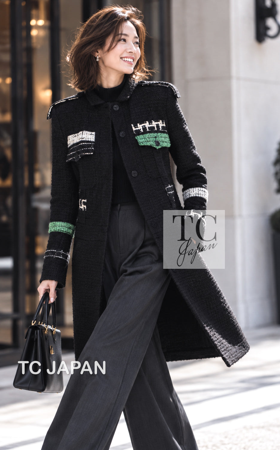 シャネル ジャケット コート CHANEL 09A ブラック グリーン ウール シルク 36