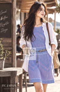 CHANEL Dress 14S Pale Blue Stripe Boat Neck Stretch Knit 40 42 | INT