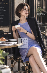 CHANEL Dress 14S Pale Blue Stripe Boat Neck Stretch Knit 40 42 | INT