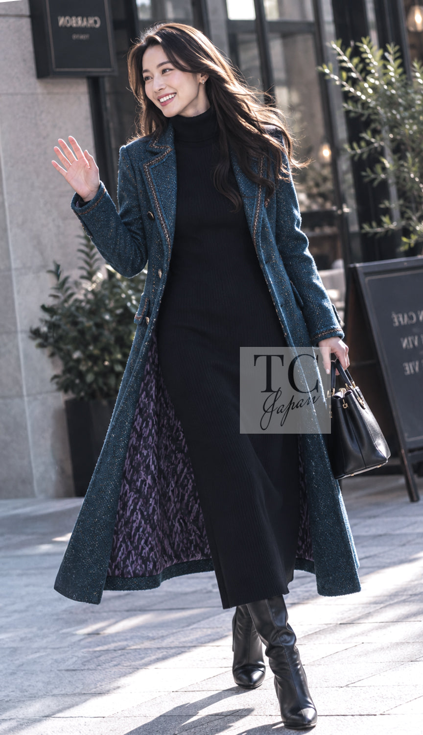 CHANEL Coat 12A Emerald Green Metallic Long Tweed 34 36 | US