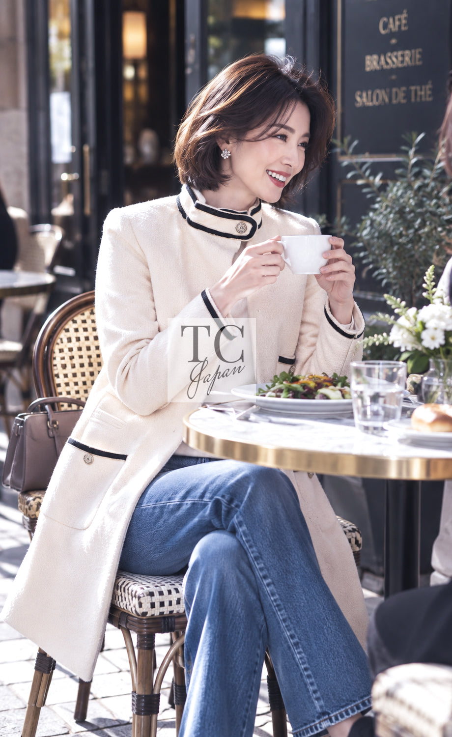 CHANEL Jacket Coat 14C Ivory Black Trim Stand Collar Wool 40 | HK