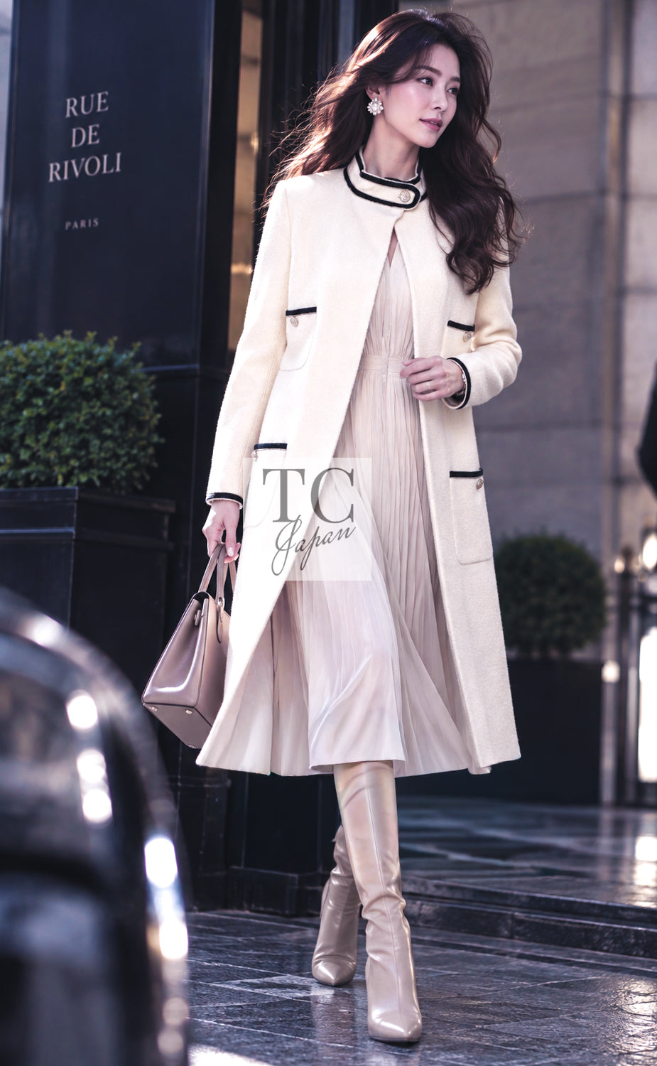 CHANEL Jacket Coat 14C Ivory Black Trim Stand Collar Wool 40 | HK