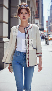 CHANEL Jacket Coat 18PA Ivory Navy Red Tricolor Braid Trim Wool Tweed 36 38 | UK