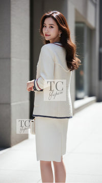 CHANEL Jacket Coat 18PA Ivory Navy Red Tricolor Braid Trim Wool Tweed 36 38 | UK