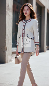 CHANEL Jacket Coat 18PA Ivory Navy Red Tricolor Braid Trim Wool Tweed 36 38 | UK