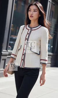 CHANEL Jacket Coat 18PA Ivory Navy Red Tricolor Braid Trim Wool Tweed 36 38 | UK