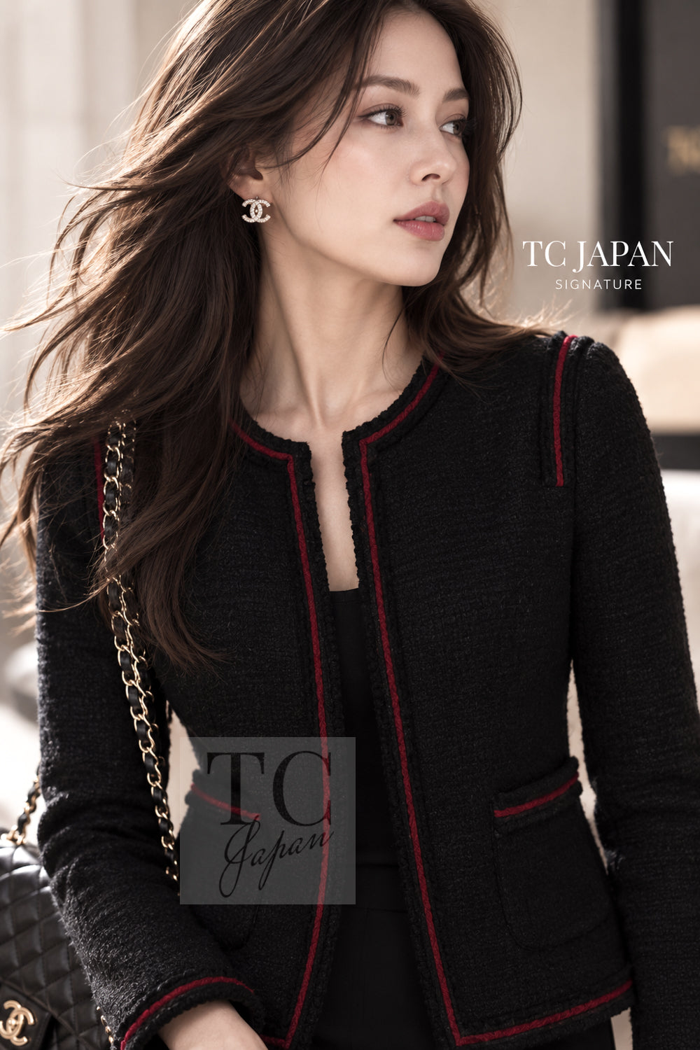 シャネル ジャケット CHANEL ブラック レッド トリム ウール ジッパー ツイード ロマノフ スタンド襟 42