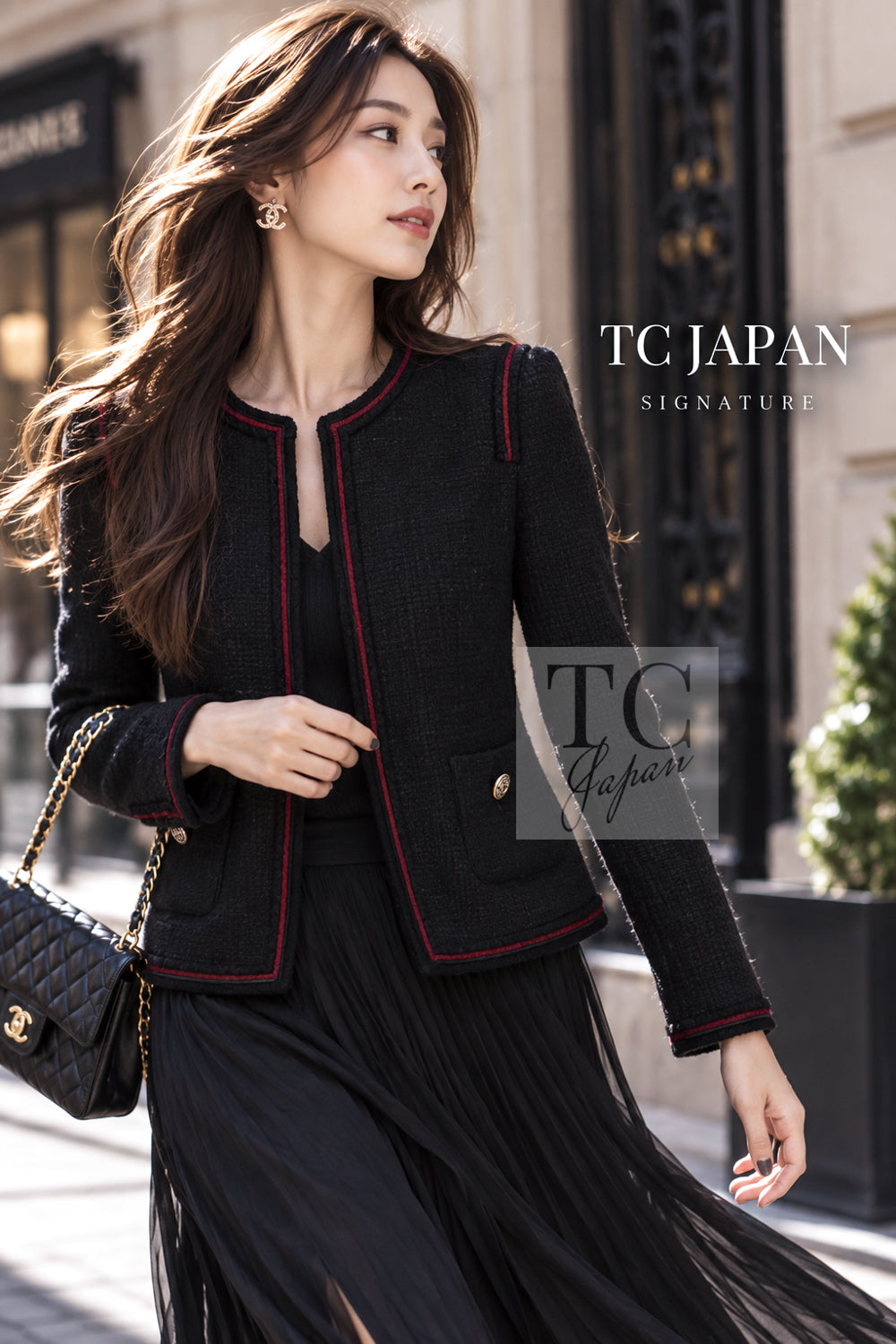 CHANEL Jacket 09PF Black Red Trim Moscow Wool Tweed 34 42 | TW
