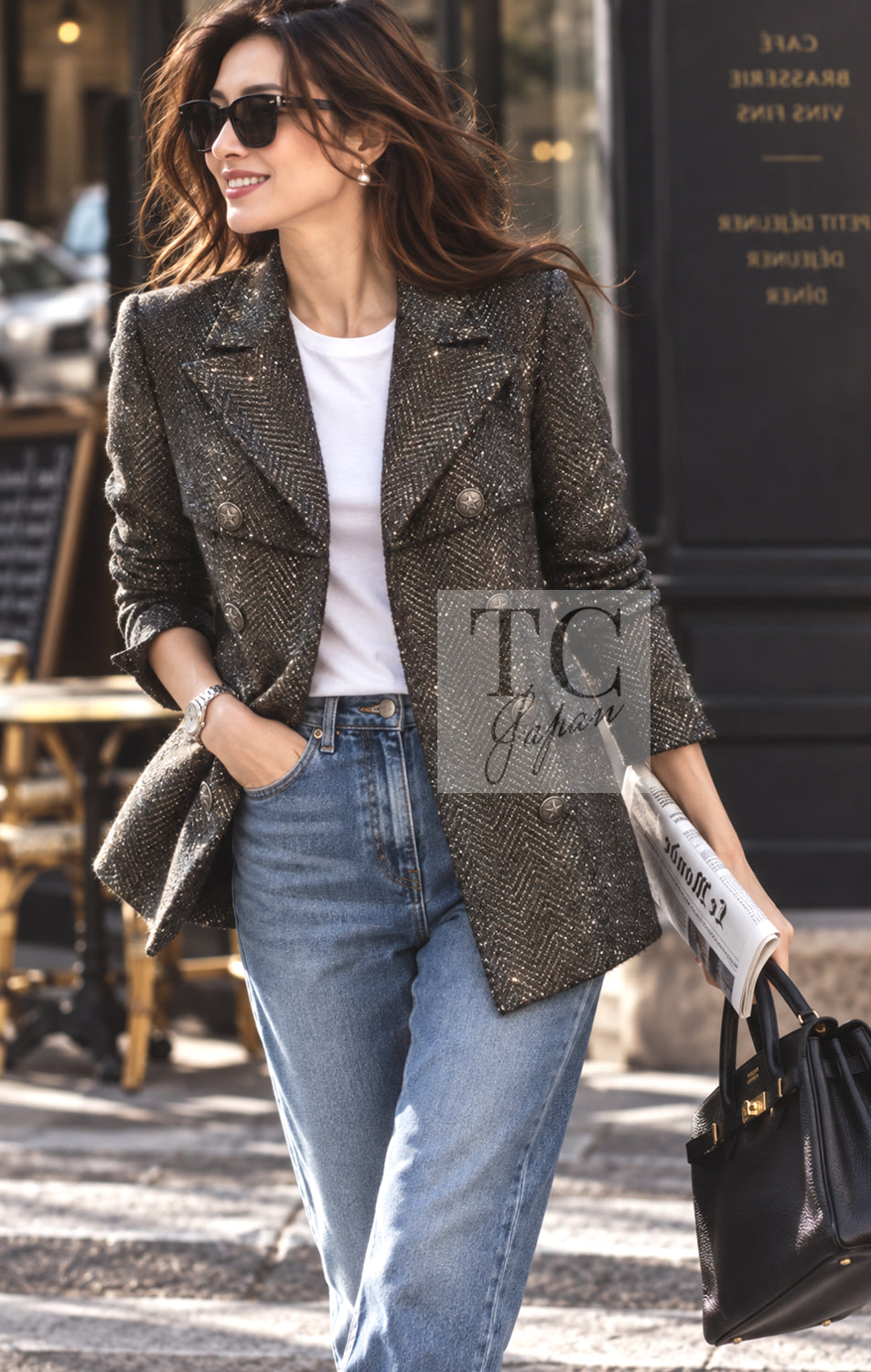 シャネル ジャケット コート CHANEL 07PF グレー シルバー ダブル ウール ツイード シェブロン 36