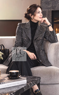 シャネル ジャケット コート CHANEL 07PF グレー シルバー ダブル ウール ツイード シェブロン 36