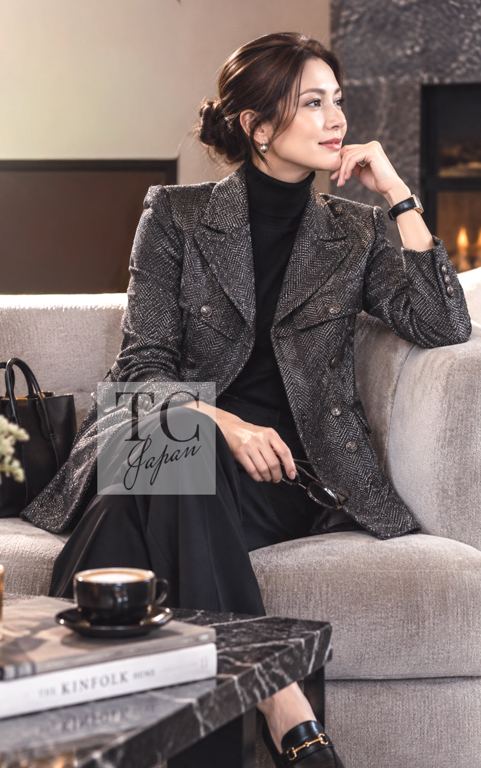 シャネル ジャケット コート CHANEL 07PF グレー シルバー ダブル ウール ツイード シェブロン 36