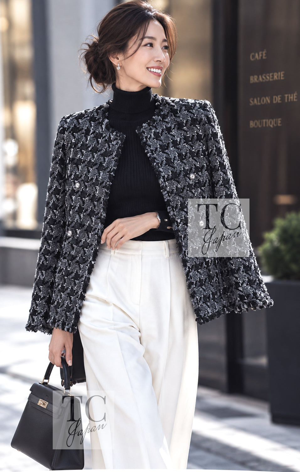 CHANEL Jacket 06A Gray Black Houndstooth Wool Silk Tweed Collarless 38 40 | INT