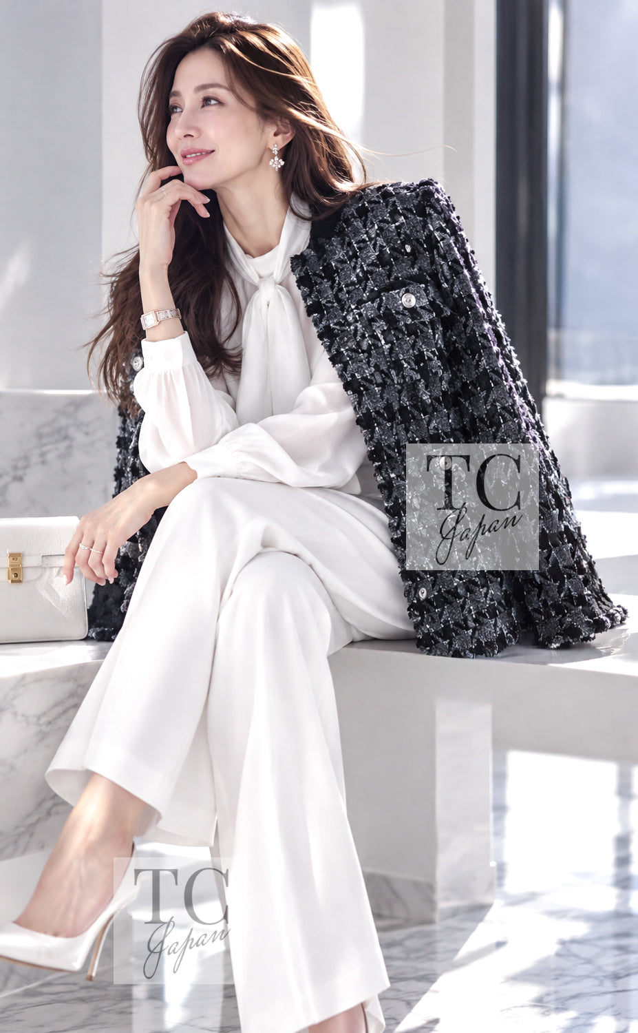 CHANEL Jacket 06A Gray Black Houndstooth Wool Silk Tweed Collarless 38 40 | INT