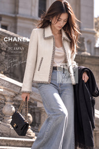 シャネル ジャケット ブルゾン CHANEL 08C アイボリー ベージュ ゴールド コットン カシミヤ ジッパー ビーズトリム 36 38