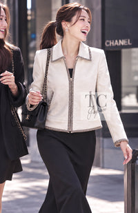 シャネル ジャケット ブルゾン CHANEL 08C アイボリー ベージュ ゴールド コットン カシミヤ ジッパー ビーズトリム 36 38