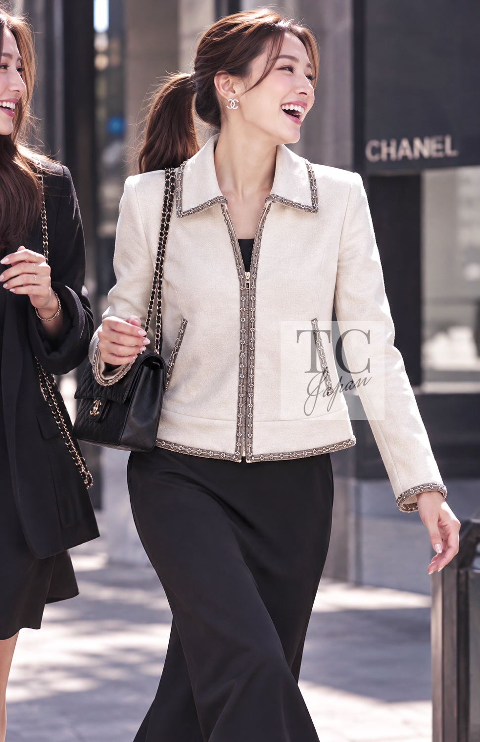 シャネル ジャケット ブルゾン CHANEL 08C アイボリー ベージュ ゴールド コットン カシミヤ ジッパー ビーズトリム 36 38