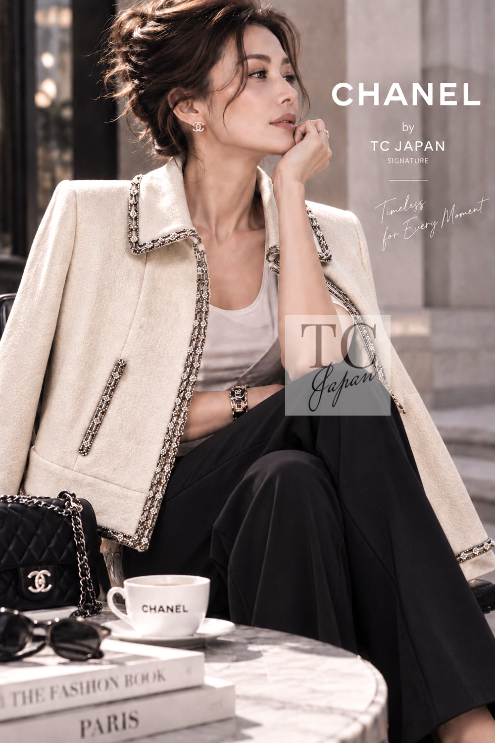 シャネル ジャケット ブルゾン CHANEL 08C アイボリー ベージュ ゴールド コットン カシミヤ ジッパー ビーズトリム 36 38