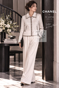 シャネル ジャケット ブルゾン CHANEL 08C アイボリー ベージュ ゴールド コットン カシミヤ ジッパー ビーズトリム 36 38