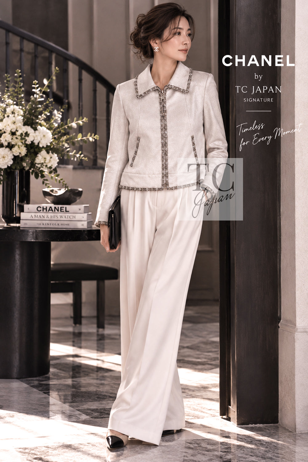 シャネル ジャケット ブルゾン CHANEL 08C アイボリー ベージュ ゴールド コットン カシミヤ ジッパー ビーズトリム 36 38