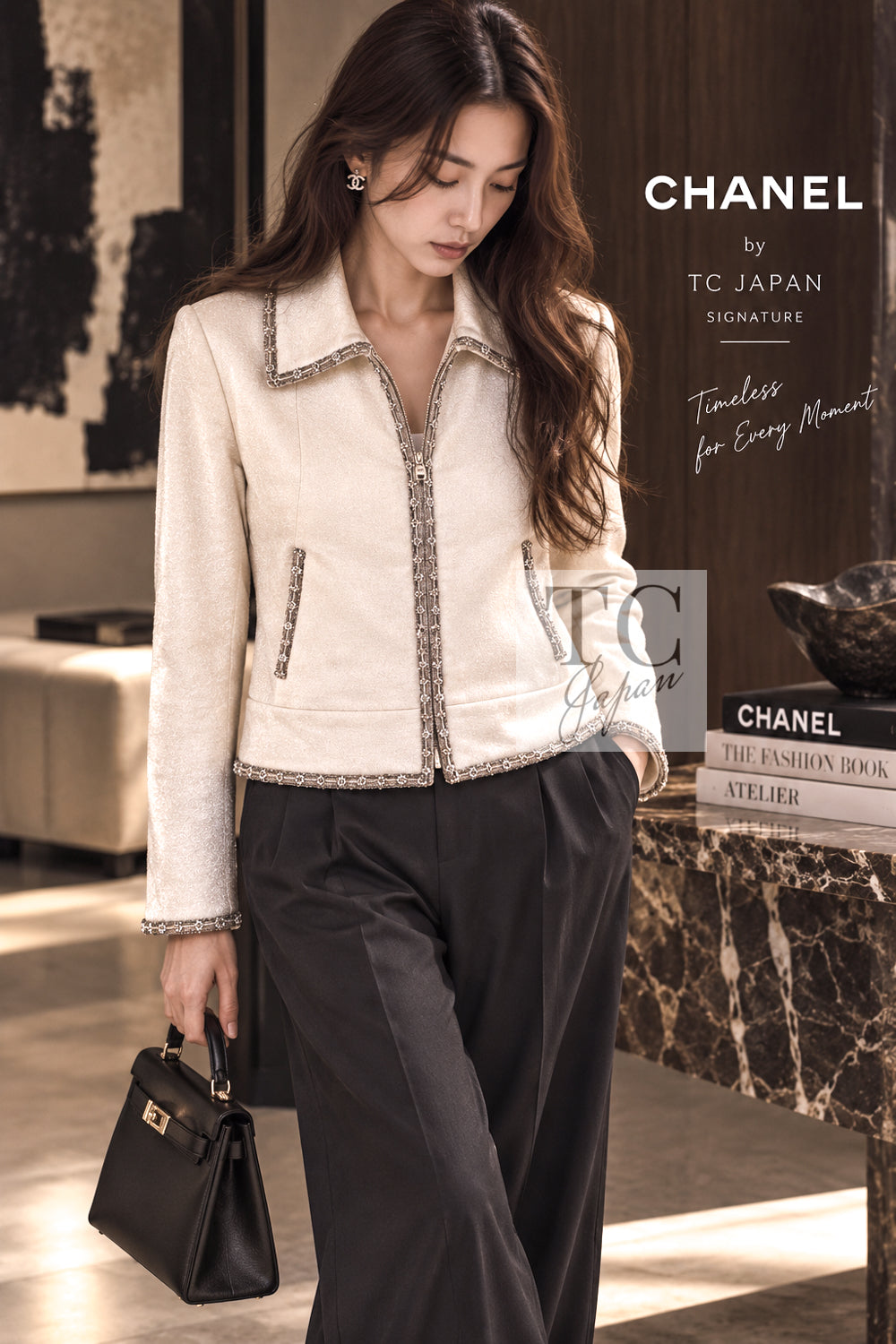 シャネル ジャケット ブルゾン CHANEL 08C アイボリー ベージュ ゴールド コットン カシミヤ ジッパー ビーズトリム 36 38