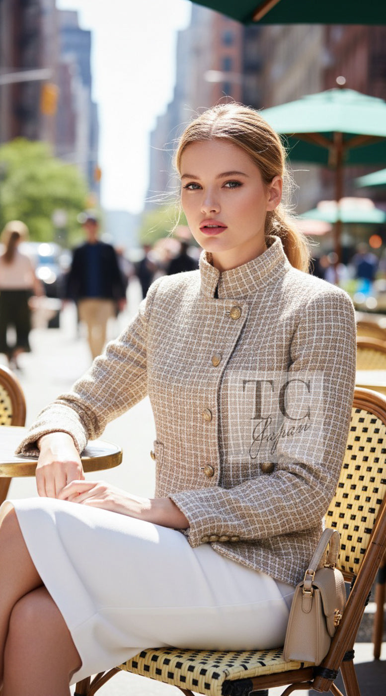 CHANEL 15S Beige Ecru Ivory Cotton Tweed Jacket Skirt Suit 36 38 10