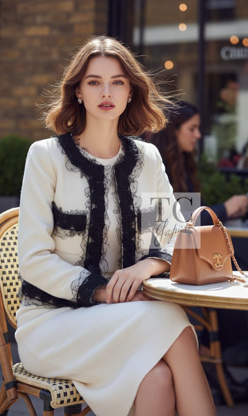 シャネル ジャケット CHANEL 10C アイボリー ブラック ウール シルク レース 銀座限定 チュール トリミング 34