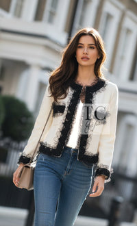 シャネル ジャケット CHANEL 10C アイボリー ブラック ウール シルク レース 銀座限定 チュール トリミング 34