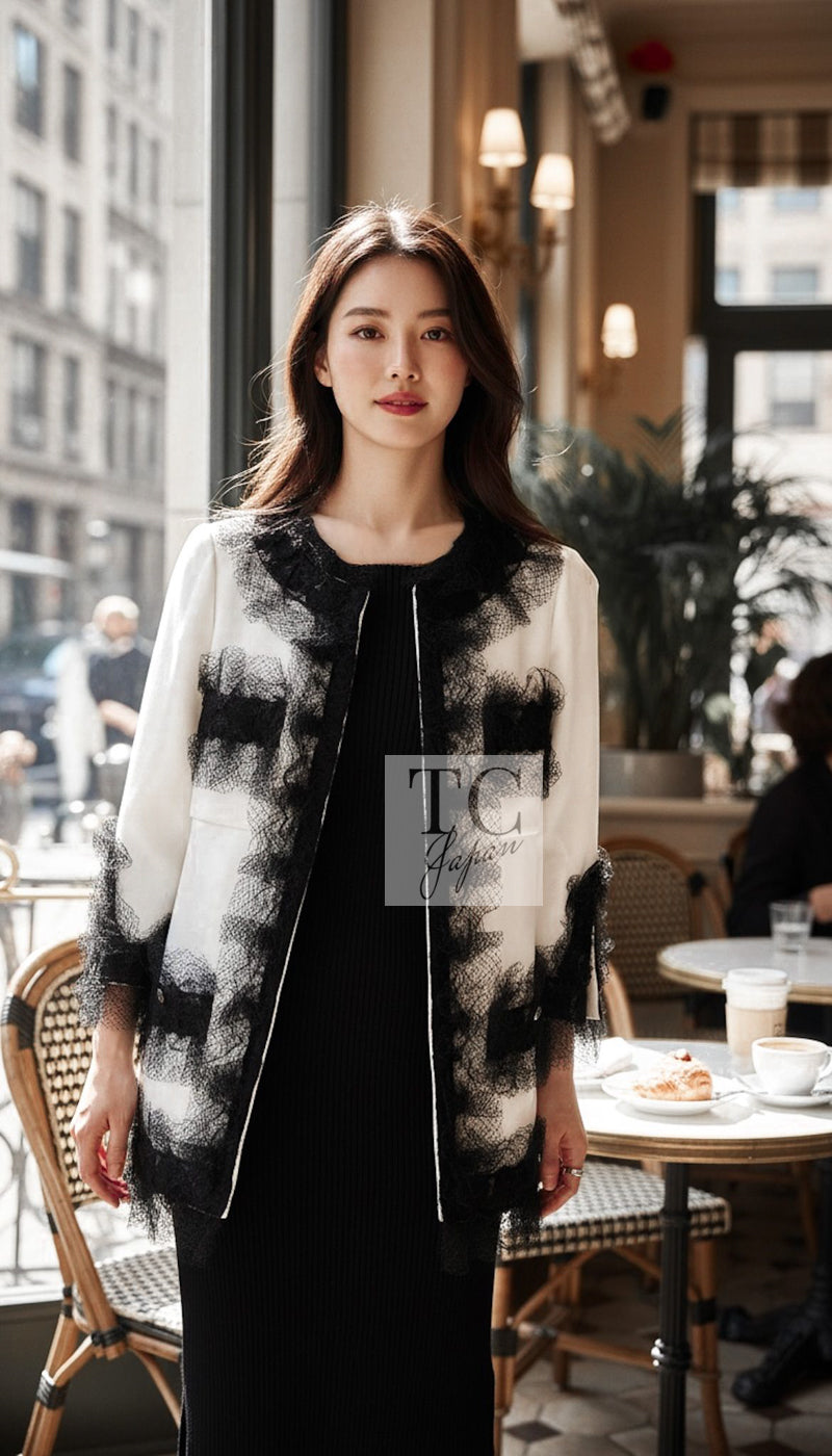 シャネル ジャケット CHANEL 10C アイボリー ブラック ウール シルク レース 銀座限定 チュール トリミング 34