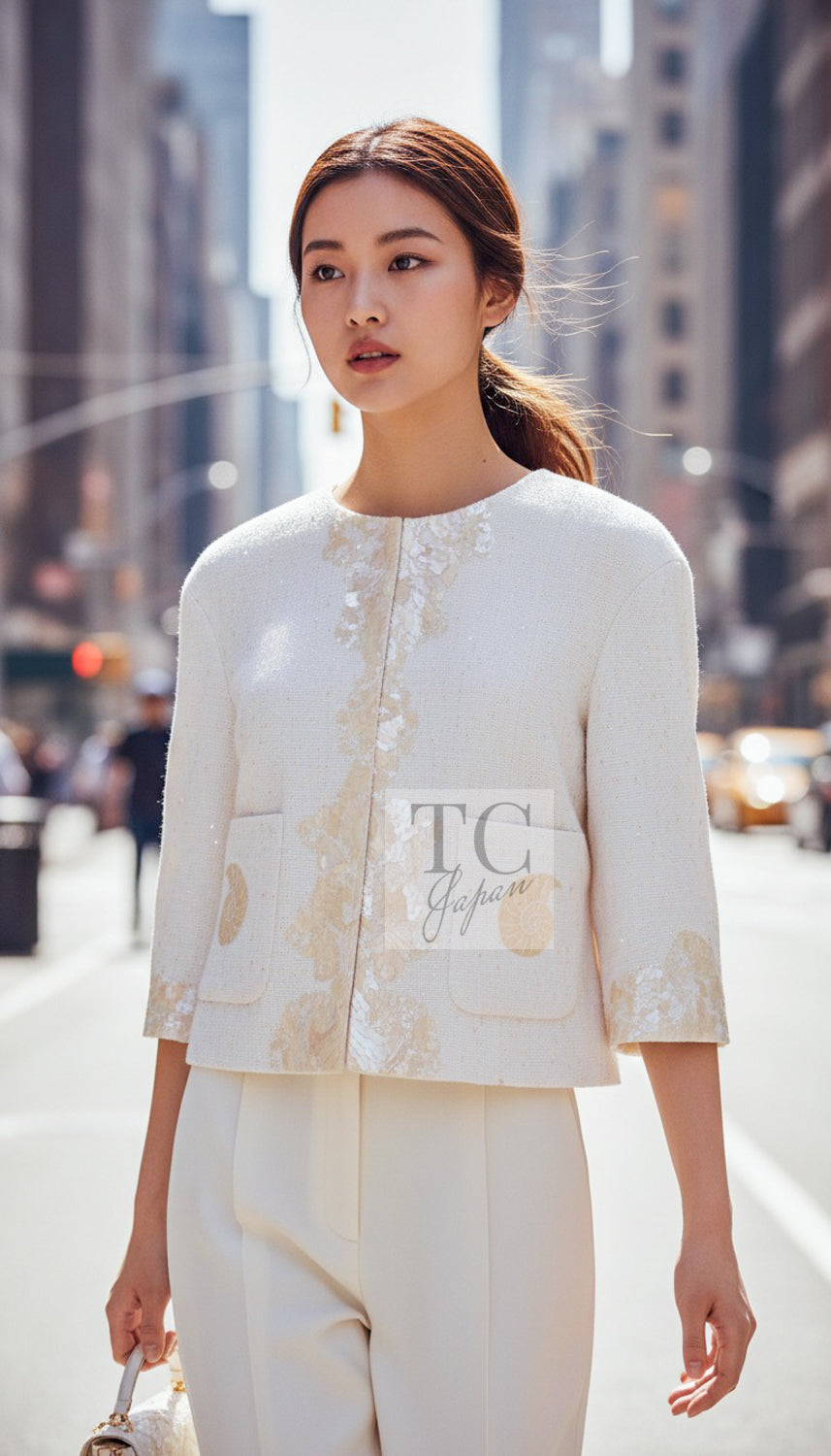 CHANEL Jacket 12S Creme Ivory Cotton Seashell Mosaic Decoration Cream 36 40 42 | HK