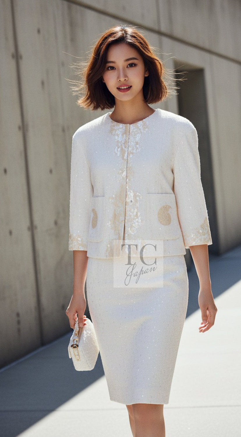 CHANEL Jacket 12S Creme Ivory Cotton Seashell Mosaic Decoration Cream 36 40 42 | HK
