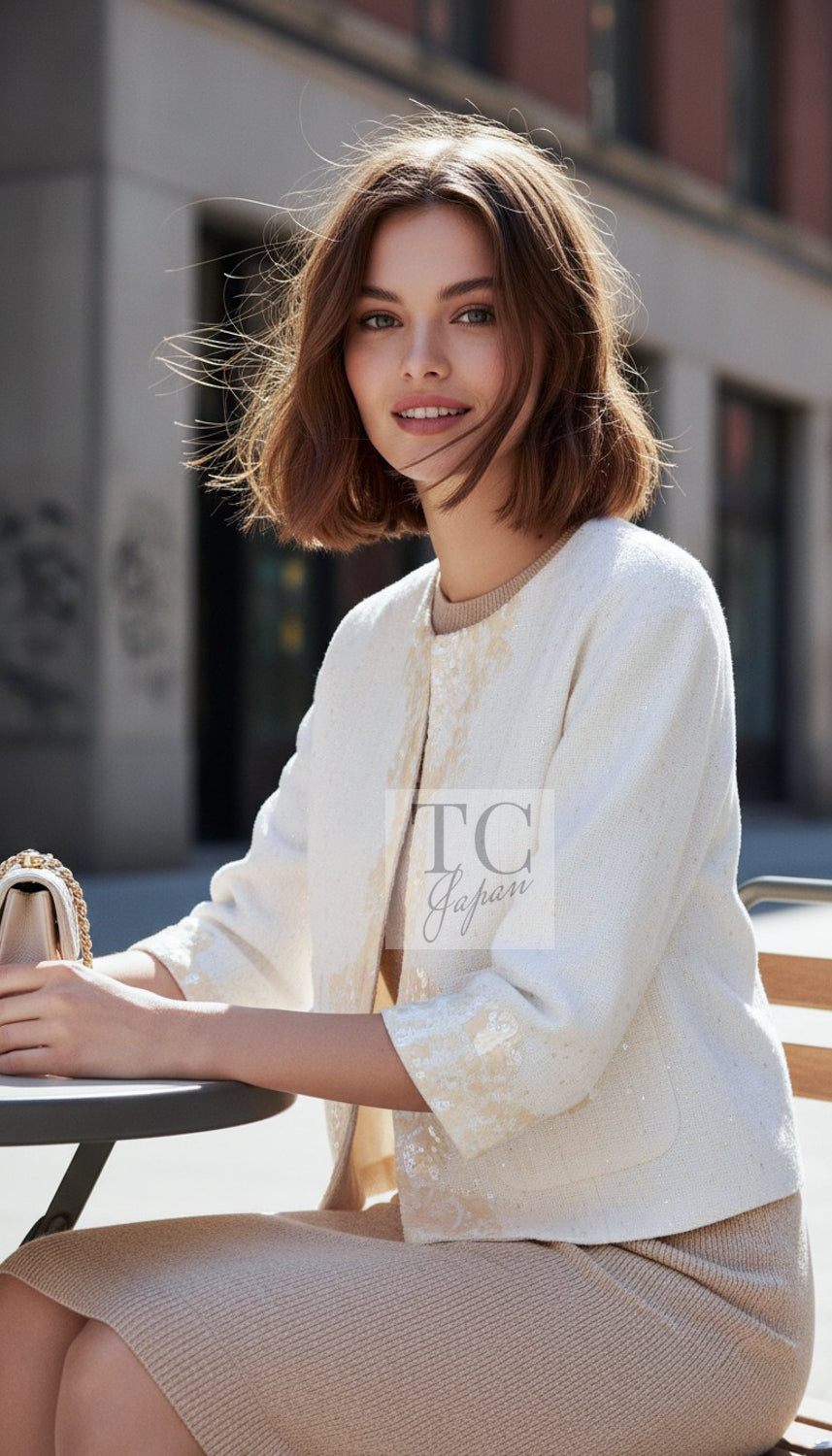 CHANEL Jacket 12S Creme Ivory Cotton Seashell Mosaic Decoration Cream 36 40 42 | HK